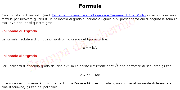 Prima parte della pagina sulle formule